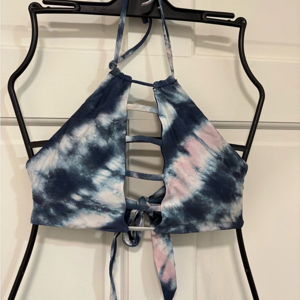 Bikini Top Tie Dye Cut‎ Out Halter Adjustable Padded Size Medium Blue/White